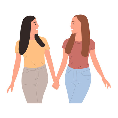 Lesbian couple. Two Osbian girls walk to hold the hand and look at each other. Lgbt representatives, gay couple, same sex love. Isolated on white, flat illustrationのイラスト素材