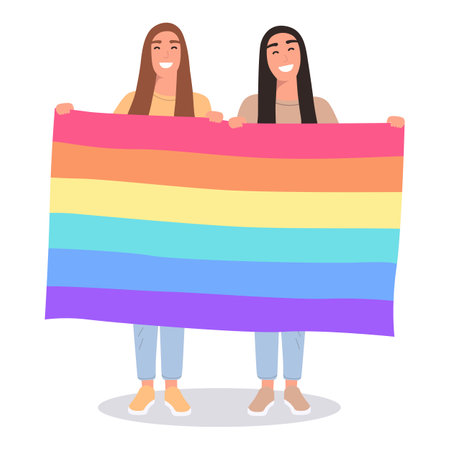 Two lesbians are holding a lgbt flag. Lesbian couple. LGBT symbols, gay community protest. Isolated on white background, flat illustration.のイラスト素材