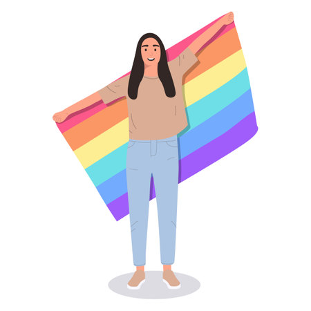 Lesbian woman holding a lgbt flag. The representative of the gay holds moisture in her hands behind her back. LGBT symbols, gay community protest. Isolated on white background, flat illustration.のイラスト素材
