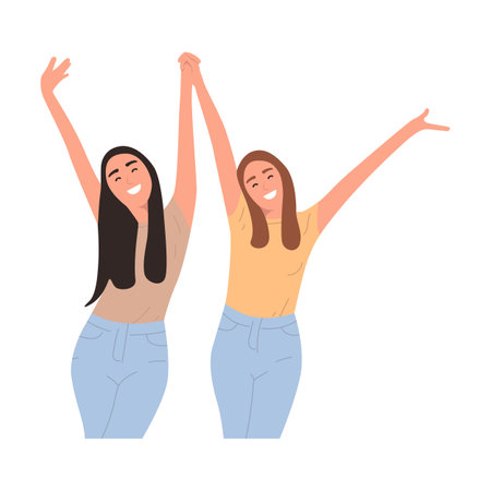 Lesbian couple. Two girls from Osbians walk to hold the handle and joyfully raise their hands up. Lgbt representatives, gay couple, same sex love. Isolated on white, flat illustrationのイラスト素材