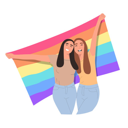 Lesbian woman holding a lgbt flag. The representative of the gay holds moisture in her hands behind her back. LGBT symbols, gay community protest. Isolated on white background, flat illustration.のイラスト素材