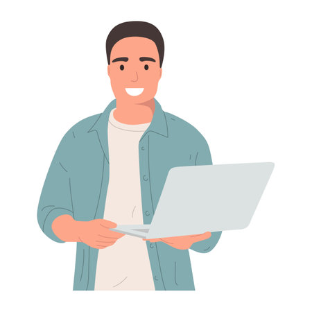 Guy with laptop, portrait. Flat illustration isolated on white backgroundのイラスト素材