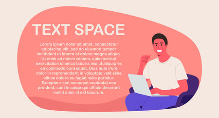Portrait of a man with a laptop in a chair. Flat banner design for a website, blog, journal, online courses. Programmer mock up, place for text, copy spaceのイラスト素材