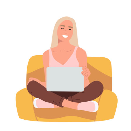 girl with laptop sitting on a chair, flat illustration isolated on white backgroundのイラスト素材