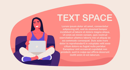 Portrait of a girl with a laptop in a chair. Flat banner design for a website, blog, journal, online courses. Programmer mock up, place for text, copy spaceのイラスト素材