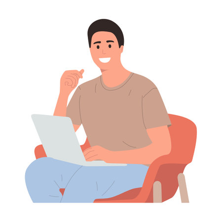 Man with laptop sitting on chair, flat illustration, isolated on white backgroundのイラスト素材