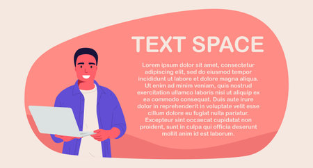 A man with a laptop. Space for text, copy space, mock up, banner for website, online store, online courses. Portrait of a programmer with a laptop. Insert design, flat illustrationのイラスト素材