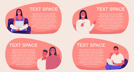 Set of images for presentation, concept, design. Presentation slides. People are working on a laptop, an idea came up. Place for text, flat illustrationのイラスト素材