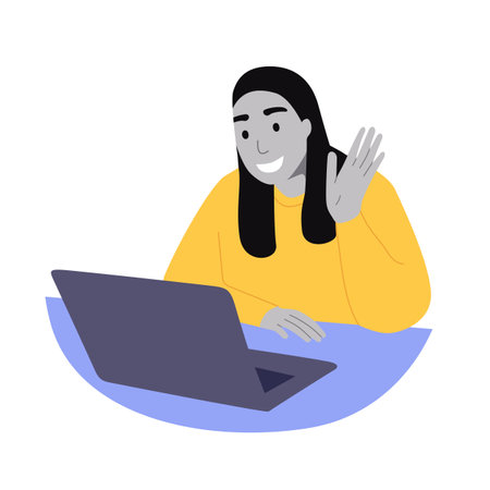 The girl communicates by video using a laptop. Isolated on white background, flat illustration, iconのイラスト素材