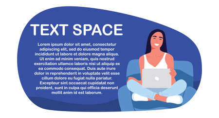 Working at the laptop, banner design, place for text. Conceptual illustration of people working at the computer. Online school education. Freelance work. Vector flat illustrationのイラスト素材