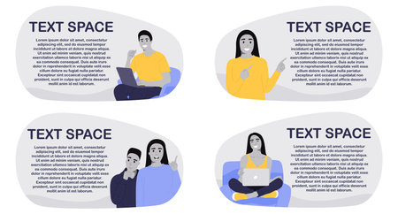 Set of images for presentation, concept, design. Presentation slides. People are working on a laptop, an idea came up. Place for text, flat illustrationのイラスト素材