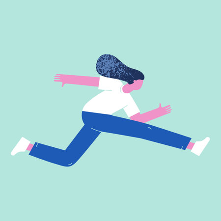 Flat illustration of a girl. Girl in different body positions. Illustration of a person in flat style in space, in the airのイラスト素材