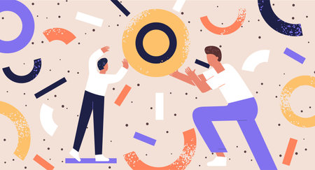 Teamwork of two men. Two people in space arrange abstract geometric shapes. Teamwork concept flat illustrationのイラスト素材