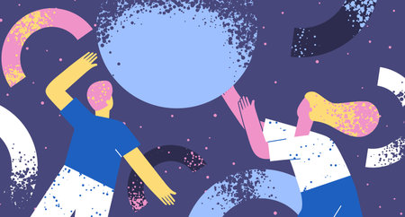 Pair of people collecting and organizing abstract geometric shapes. Man and woman holding geometric shapes. Flat illustration, teamworkのイラスト素材