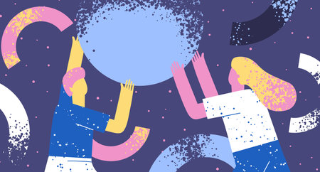 Pair of people collecting and organizing abstract geometric shapes. Man and woman holding geometric shapes. Flat illustration, teamworkのイラスト素材