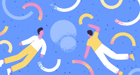 Teamwork of two men. Two people in space arrange abstract geometric shapes. Teamwork concept flat illustrationのイラスト素材