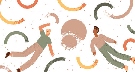 Teamwork of two men. Two people in space arrange abstract geometric shapes. Teamwork concept flat illustrationのイラスト素材