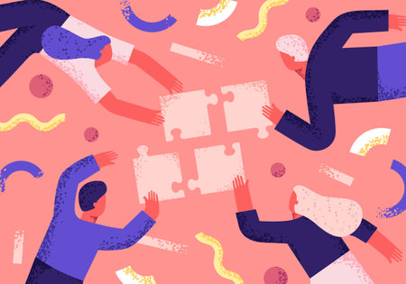 A group of people work in a team putting together puzzles. Concept illustration of teamwork. Flat illustration, asbtrakiaのイラスト素材