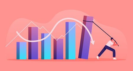 The man pulls the stock graph down. Financial market, stock market. Falling course concept. Man destroys the economyのイラスト素材