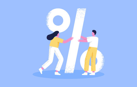 A guy and a girl are holding a big percent sign. Discounts on goods, promotions. Keep discounts. Financial interest. Increase, decrease in priceのイラスト素材