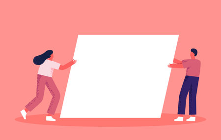 A man and a woman are holding a white rectangle. Teamwork, pushing geometric shapes. Collaboration, concept, flat illustrationのイラスト素材