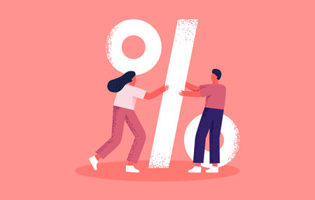 A young couple is holding a large percent sign. A young couple took out a loan. Family and banking. Relationship finances. Flat illustration, conceptのイラスト素材