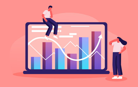 stock trading on the financial exchange. laptop with a stock chart image. Small people near the laptop. Trading training. Market trading analytics. Vector flat illustration, conceptのイラスト素材
