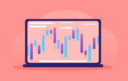 Laptop with stock market chart. Online trading training. Trading in the financial market using a laptop. Japanese candlestick chart in a notebook. Concept, flat illustration, web page designのイラスト素材