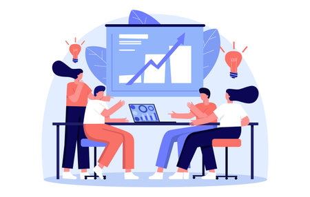 Vector illustration. Office staff work. Increase sales and skills. Team thinking and brainstorming. Analytics of the company's work. Stock graphics.のイラスト素材