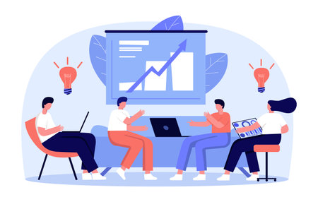 Vector illustration, workers are sitting on the couch, vector collective thinking and brainstorming. Work from home, dropshipping shop, ecommerce. Online store analyticsのイラスト素材