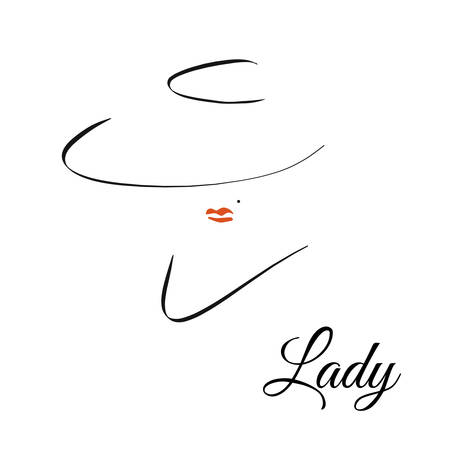 fashion and beauty . mysterious elegant woman with red lips and hat. Black line on white background. Vector fashion illustrationのイラスト素材