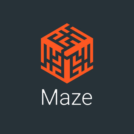 logo labyrinth. Modern vector symbol maze. isometric cube icon for logotype game, quest, corporate branding, business identity in orange colorのイラスト素材