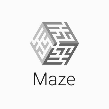 logo labyrinth. Modern vector symbol maze. isometric cube icon for logotype game, quest, corporate branding, business identity in grey color.のイラスト素材