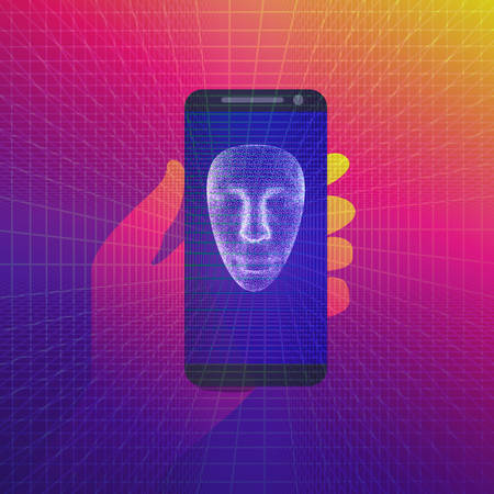 face recognition on mobile phone concept. 3d human face model. vector illustrationのイラスト素材