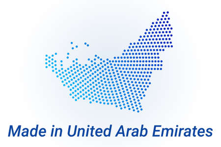 Map icon of United Arab Emirates. Vector  illustration with text Made in United Arab Emirates. Blue halftone dots background. Round pixels. Modern digital graphic designのイラスト素材
