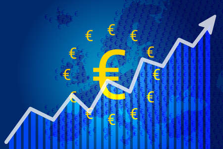 The growth of the Euro. Euro icon on European Union - EU flag. Europe map background. Vector illustrationのイラスト素材