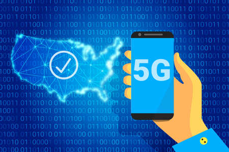 5G network - next generation wireless internet connection. 5g text on background of a USA map. vector illustration. Phone in hand.の写真素材