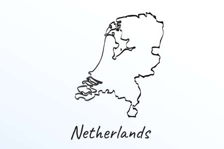 Hand draw map of Netherlands. Black line drawing sketch. outline doodle on white background. handwriting script name of the country. vector illustration backdropのイラスト素材