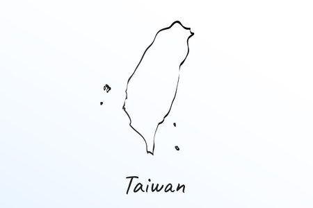 Hand draw map of Taiwan. Black line drawing sketch. outline doodle on white background. handwriting script name of the country. vector illustration backdropのイラスト素材