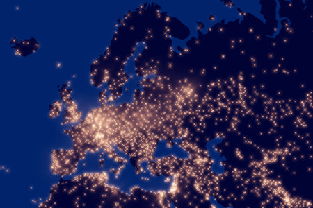 Europe night map. illustration of cities lights from space at night. Satellite view. Dark mapの写真素材