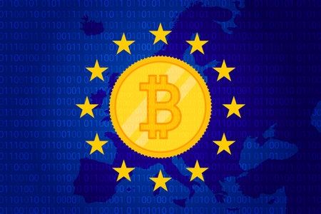 MiCA - Markets in Crypto assets regulation flag of European Union and map of Europe background. Eu sign. vector illustrationのイラスト素材