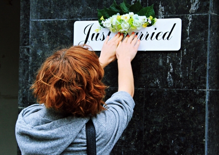 woman and the words "Just Married"の写真素材