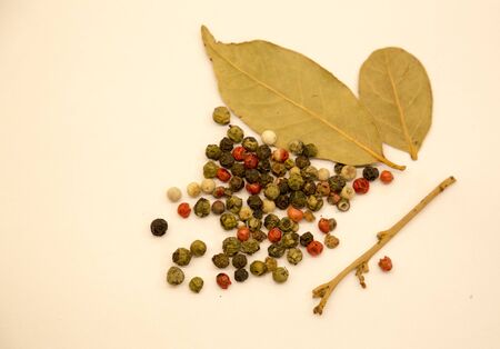 scattered grains of black pepper and bay leavesの写真素材