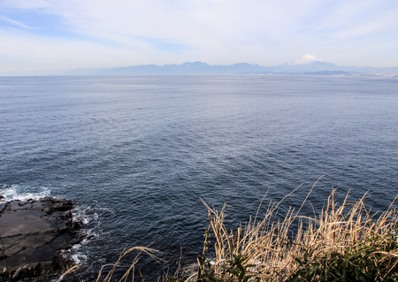 landscape with the Pacific Ocean, plants and Mount Fujiyama on background. Nature of Japan.の写真素材