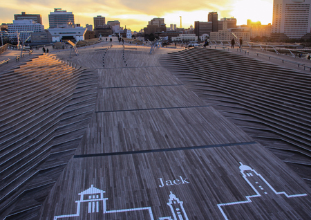 Dock in Yokohama on sunset sky background. Travel around Japan. Yokohama, Japan, 01/06/2013.のeditorial素材