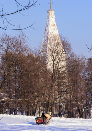 Man in the cart with white horse in winter park. Winter landscapes in Russia. Moscow, Russia, 2018.01.24.のeditorial素材