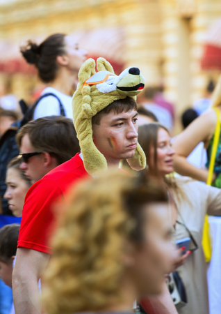 2018.06.17, Moscow, Russia. Fans of football on the Moscow street. World cup 2018. People wearing colorful clothes.のeditorial素材