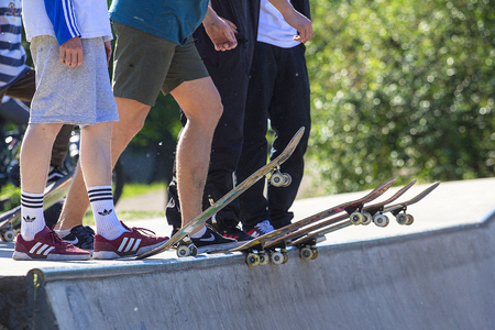 Moscow, Russia, 02/06/2018. young skateboarders in a special area in the park. Healthy life in the city.のeditorial素材