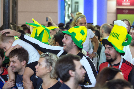 2018.07.15, Moscow, Russia. World cup 2018. Moscow FIFA 2018. Emotions of football fans on Moscow streets. Brazilian fans in yellow hats.のeditorial素材