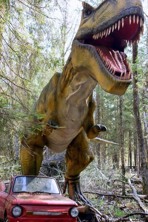 Tyrannosaurus on the red car in the forest. Park of dinosaurs.のeditorial素材